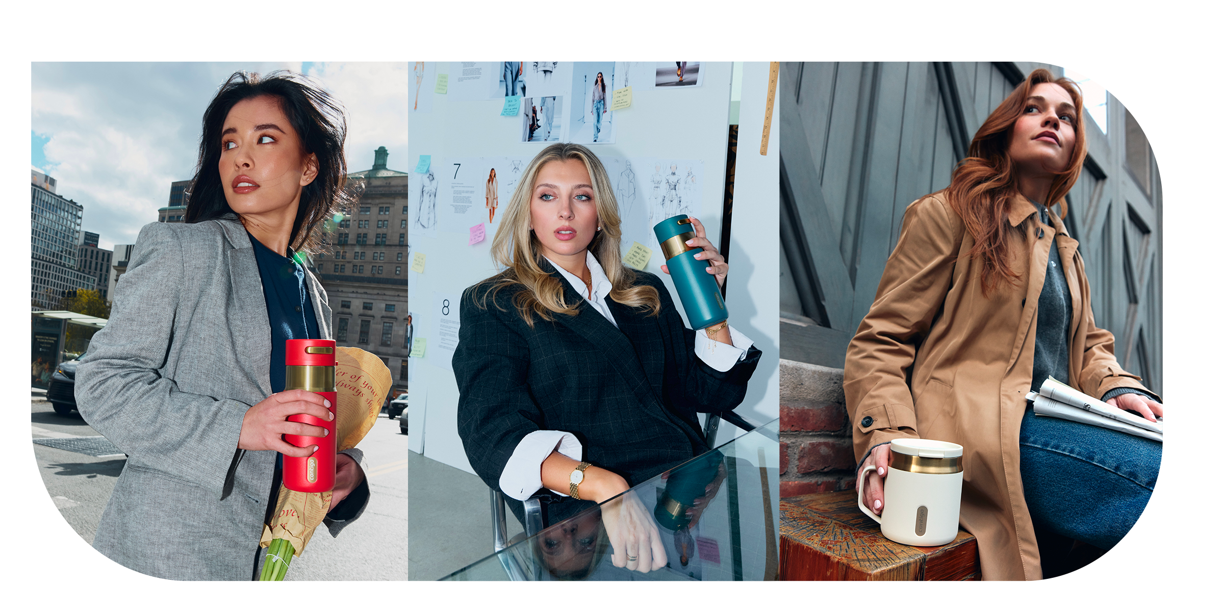 Three people carrying Contigo drinkware around the city